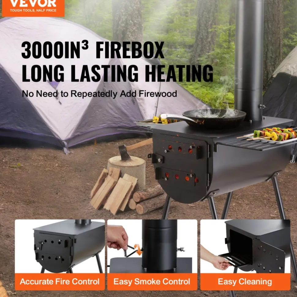 VEVOR Wood Stove, 118 inch, Alloy Steel Camping Tent Stove, Portable Wood Burning Stove with Chimney Pipes & Gloves, 3000in³Firebox Hot Tent Stove for Outdoor Cooking and Heating with 8 Pipes