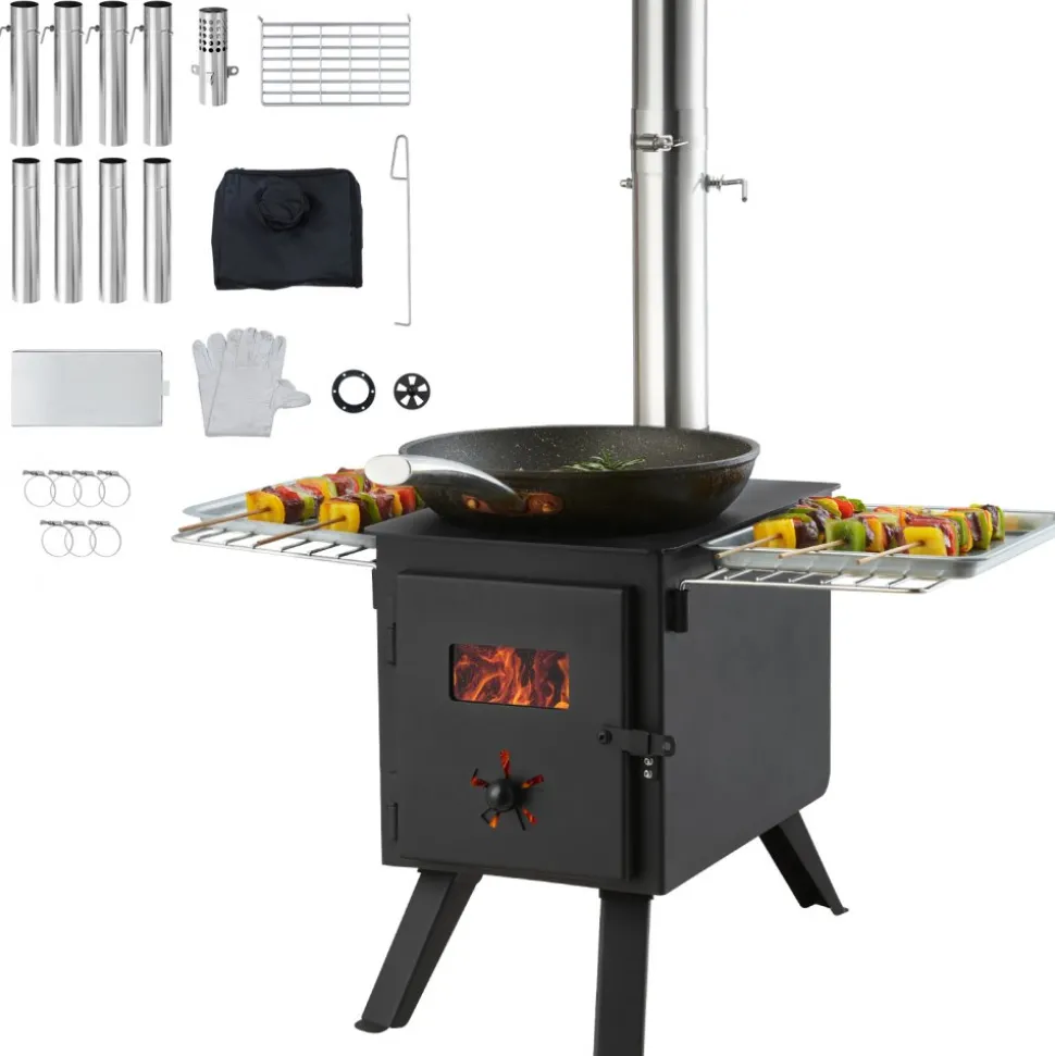 VEVOR Wood Stove, 86 inch, Alloy Steel Camping Tent Stove, Portable Wood Burning Stove with Chimney Pipes & Gloves, 1400in³Firebox Hot Tent Stove for Outdoor Cooking and Heating with 8 Pipes