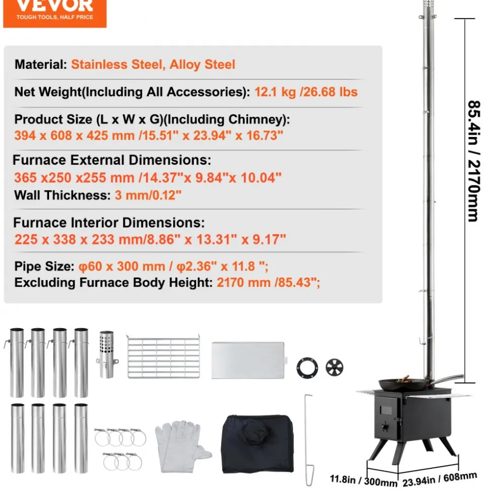 VEVOR Wood Stove, 86 inch, Alloy Steel Camping Tent Stove, Portable Wood Burning Stove with Chimney Pipes & Gloves, 1400in³Firebox Hot Tent Stove for Outdoor Cooking and Heating with 8 Pipes