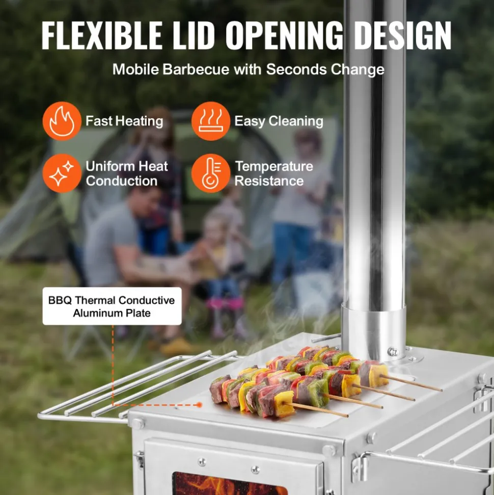 VEVOR Wood Stove, 80 inch, Stainless Steel Camping Tent Stove, Portable Wood Burning Stove with Chimney Pipes & Gloves, 700in³Firebox Hot Tent Stove for Outdoor Cooking and Heating with 8 Pipes