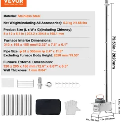 VEVOR Wood Stove, 80 inch, Stainless Steel Camping Tent Stove, Portable Wood Burning Stove with Chimney Pipes & Gloves, 700in³Firebox Hot Tent Stove for Outdoor Cooking and Heating with 8 Pipes