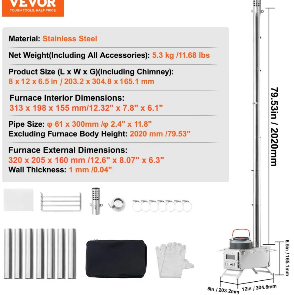 VEVOR Wood Stove, 80 inch, Stainless Steel Camping Tent Stove, Portable Wood Burning Stove with Chimney Pipes & Gloves, 700in³Firebox Hot Tent Stove for Outdoor Cooking and Heating with 8 Pipes