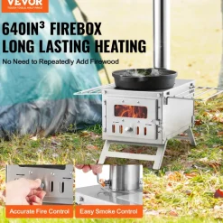 VEVOR Wood Stove, 80 inch, Stainless Steel Camping Tent Stove, Portable Wood Burning Stove with Chimney Pipes & Gloves, 700in³Firebox Hot Tent Stove for Outdoor Cooking and Heating with 8 Pipes