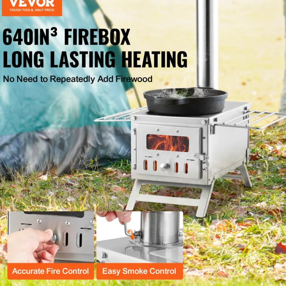 VEVOR Wood Stove, 80 inch, Stainless Steel Camping Tent Stove, Portable Wood Burning Stove with Chimney Pipes & Gloves, 700in³Firebox Hot Tent Stove for Outdoor Cooking and Heating with 8 Pipes