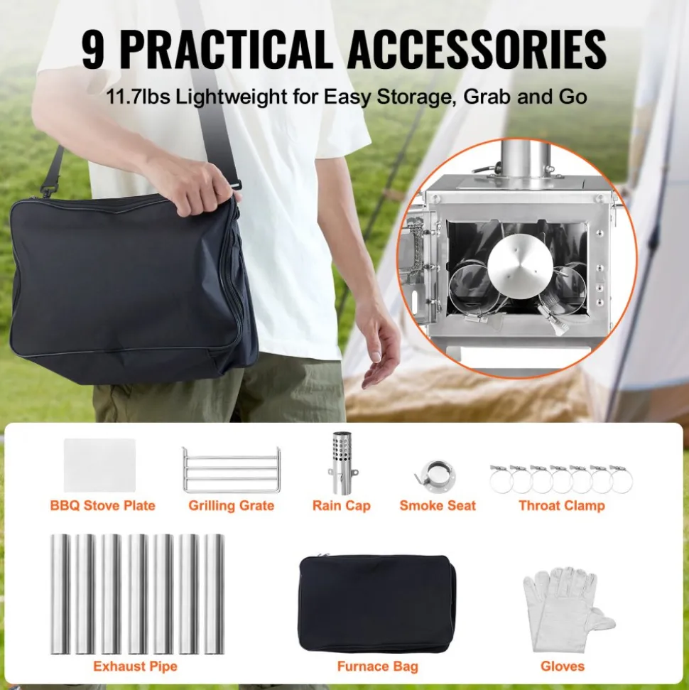 VEVOR Wood Stove, 80 inch, Stainless Steel Camping Tent Stove, Portable Wood Burning Stove with Chimney Pipes & Gloves, 700in³Firebox Hot Tent Stove for Outdoor Cooking and Heating with 8 Pipes