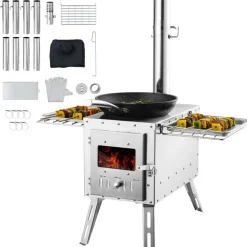 VEVOR Wood Stove, 86 inch, Stainless Steel Camping Tent Stove, Portable Wood Burning Stove with Chimney Pipes & Gloves, 1646in³Firebox Hot Tent Stove for Outdoor Cooking and Heating with 8 Pipes