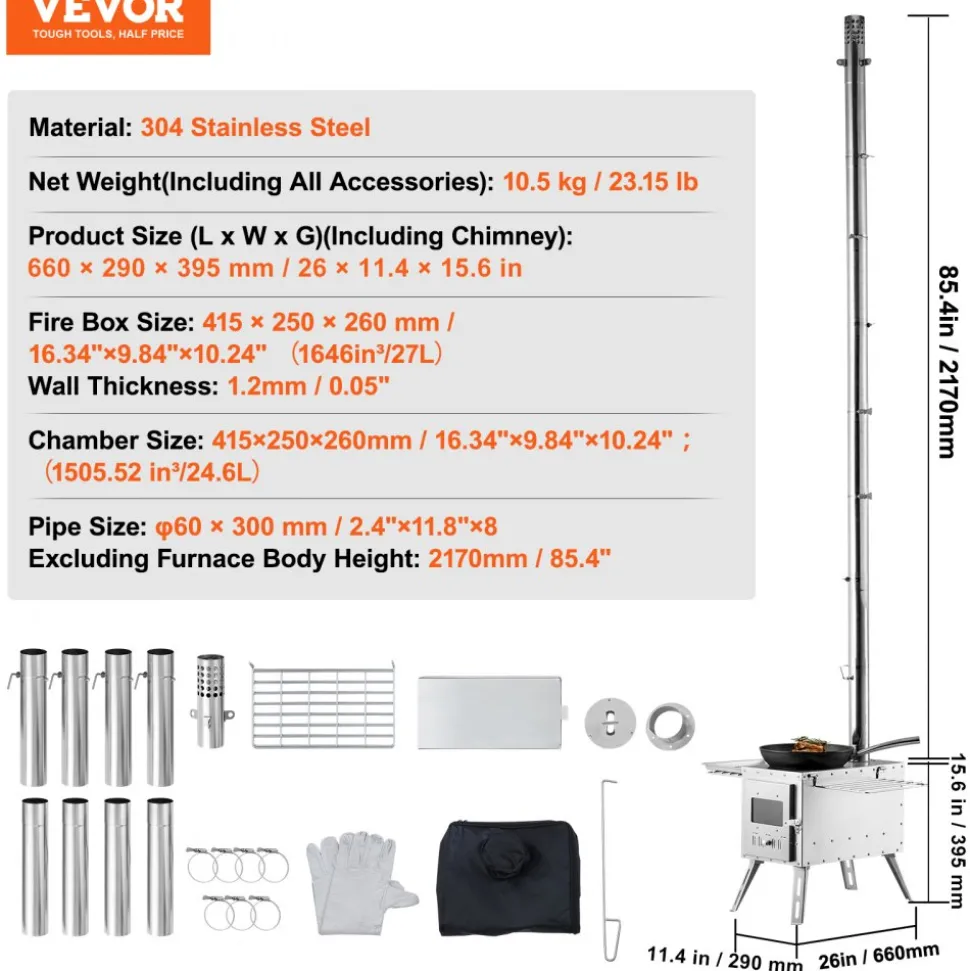 VEVOR Wood Stove, 86 inch, Stainless Steel Camping Tent Stove, Portable Wood Burning Stove with Chimney Pipes & Gloves, 1646in³Firebox Hot Tent Stove for Outdoor Cooking and Heating with 8 Pipes