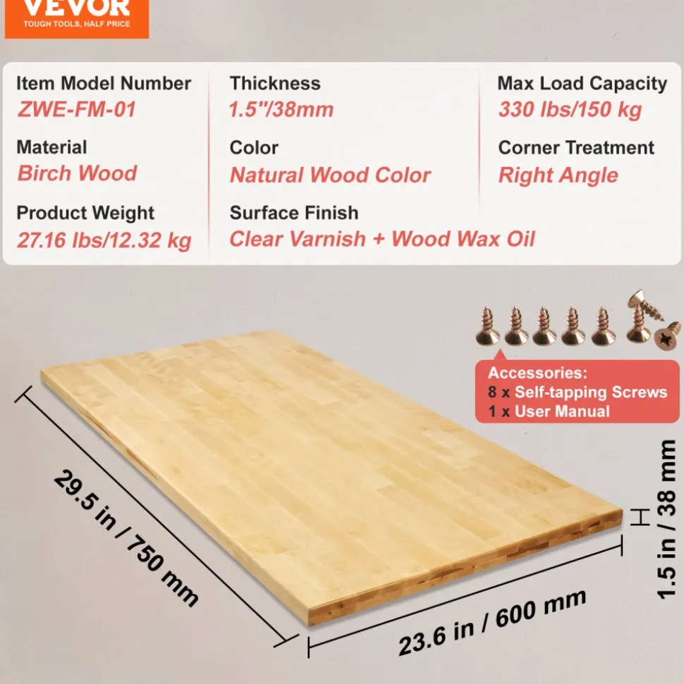 VEVOR Wood Table Top, Holds up to 330 lb, 29.5" x 23.6" x 1.5" Rectangular Countertop for Height Adjustable Electric Standing Desk Frame, Universal Solid One-Piece Maple Desktop for Office & Home Desk