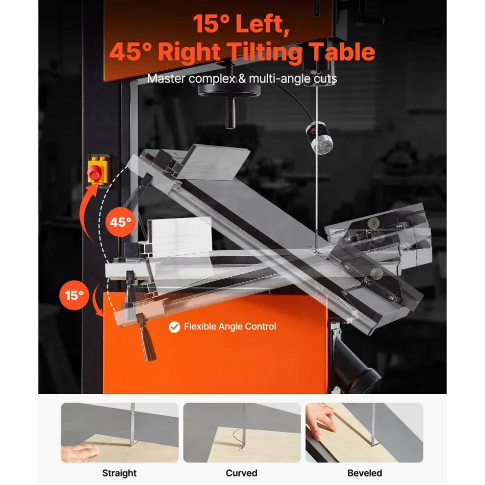 VEVOR Woodworking Bandsaw, 18-Inch, Band Saw with 2240W 3HP Motor, 16-Inch Maximum Cutting Height, 27.2 x 20 in Cast Iron Table, with 360° Work Light, Miter Gauge, Fence, Band Saw for Woodworking