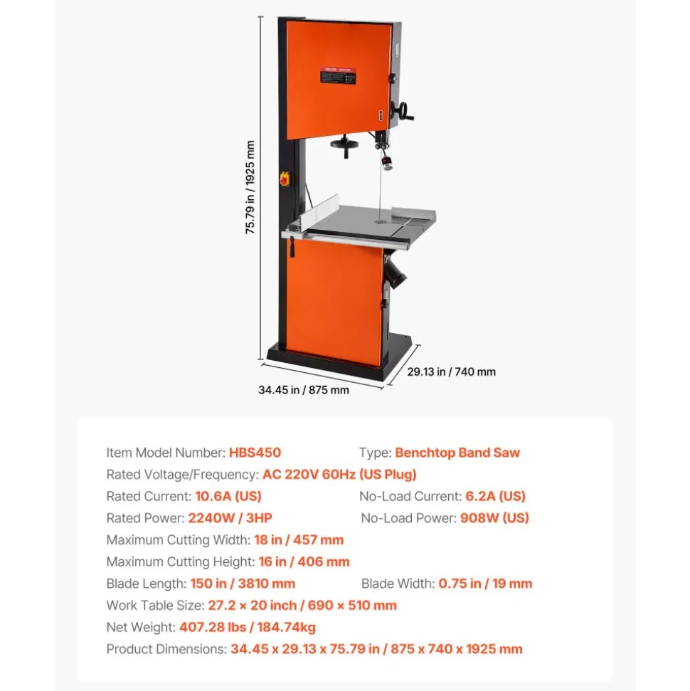 VEVOR Woodworking Bandsaw, 18-Inch, Band Saw with 2240W 3HP Motor, 16-Inch Maximum Cutting Height, 27.2 x 20 in Cast Iron Table, with 360° Work Light, Miter Gauge, Fence, Band Saw for Woodworking