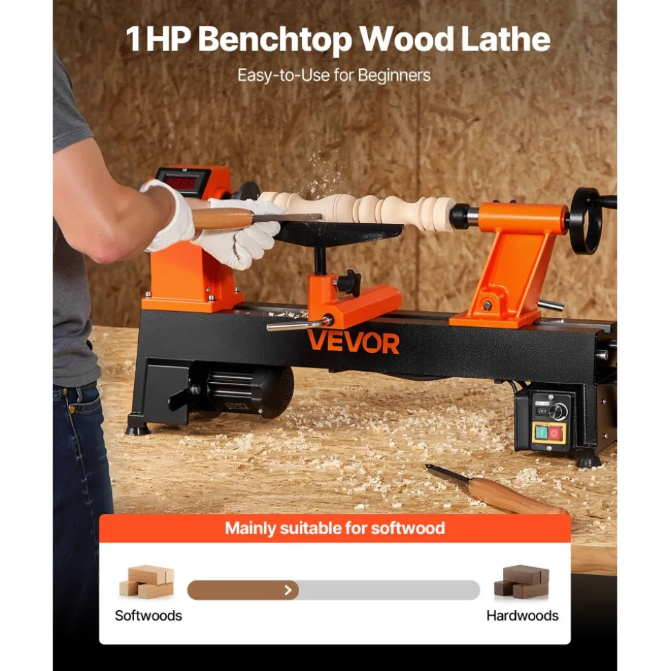VEVOR Woodworking Lathe, 1 HP, Benchtop Wood Lathe Machine with 0 to 3800 RPM Variable Speed, 12 x 18 in Workbench, Brushless DC Motor, Cast Iron Construction, for Beginner DIY Enthusiast Woodworking