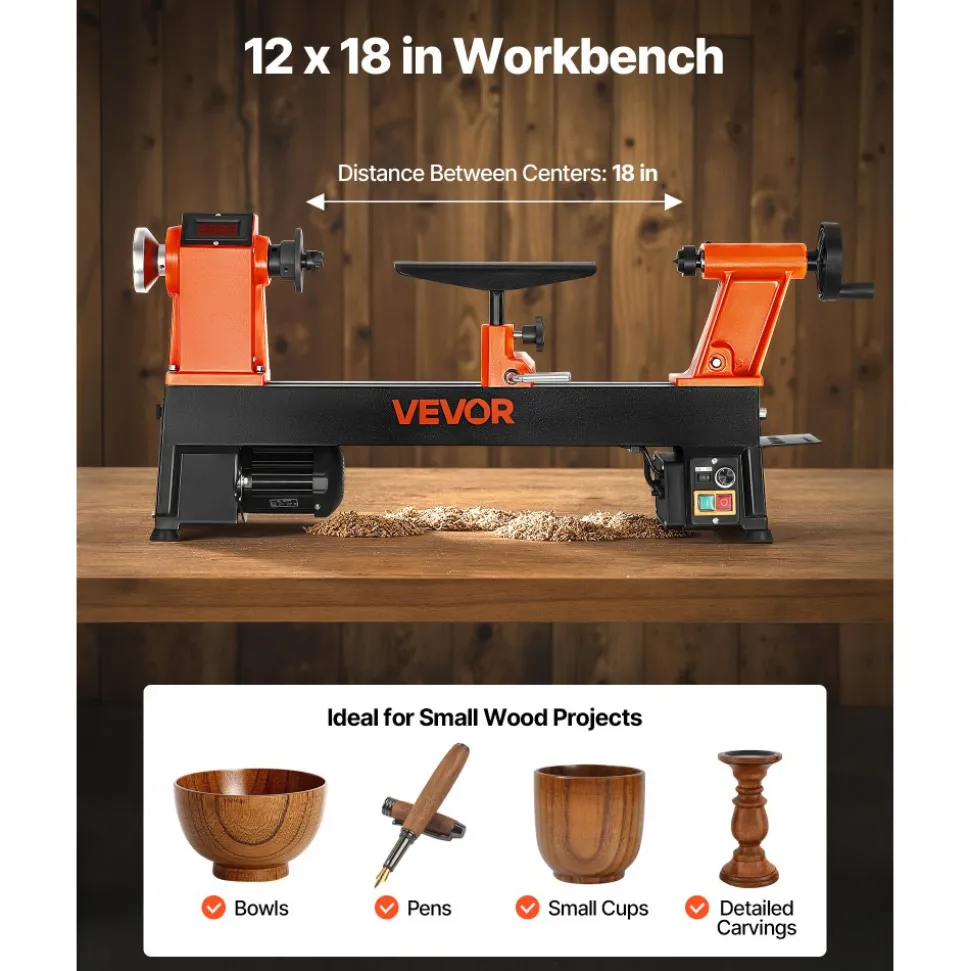 VEVOR Woodworking Lathe, 1 HP, Benchtop Wood Lathe Machine with 0 to 3800 RPM Variable Speed, 12 x 18 in Workbench, Brushless DC Motor, Cast Iron Construction, for Beginner DIY Enthusiast Woodworking