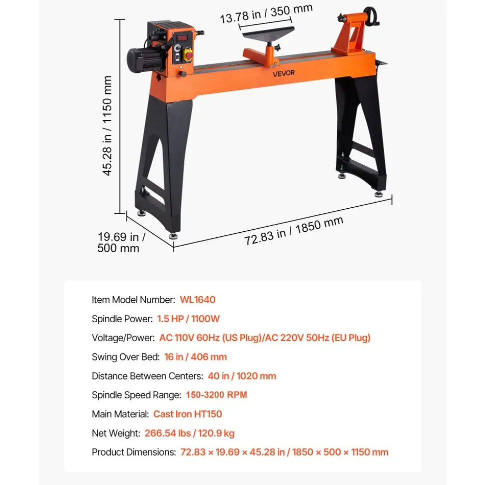 VEVOR Woodworking Lathe, 1.5 HP, Wood Lathe Machine with 0 to 3200 RPM Variable Speed, 16 x 40 in Workbench, Brushless DC Motor, Cast Iron Body, Tool Rest, for Medium to Large Projects Woodworking