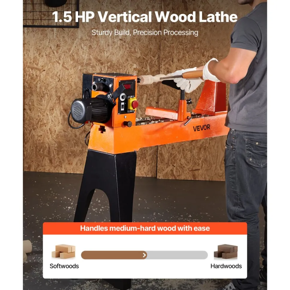 VEVOR Woodworking Lathe, 1.5 HP, Wood Lathe Machine with 0 to 3200 RPM Variable Speed, 16 x 40 in Workbench, Brushless DC Motor, Cast Iron Body, Tool Rest, for Medium to Large Projects Woodworking