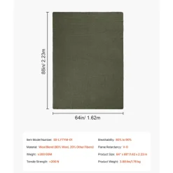 VEVOR Wool Camping Blanket, Large Warm Stadium Blanket, Waterproof & Windproof, Flame Retardant, Great for Outdoors, Picnics, Hiking, Sports Events, Travel, 64" x 88" (80% Wool), Army Green