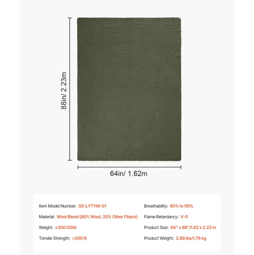 VEVOR Wool Camping Blanket, Large Warm Stadium Blanket, Waterproof & Windproof, Flame Retardant, Great for Outdoors, Picnics, Hiking, Sports Events, Travel, 64" x 88" (80% Wool), Army Green