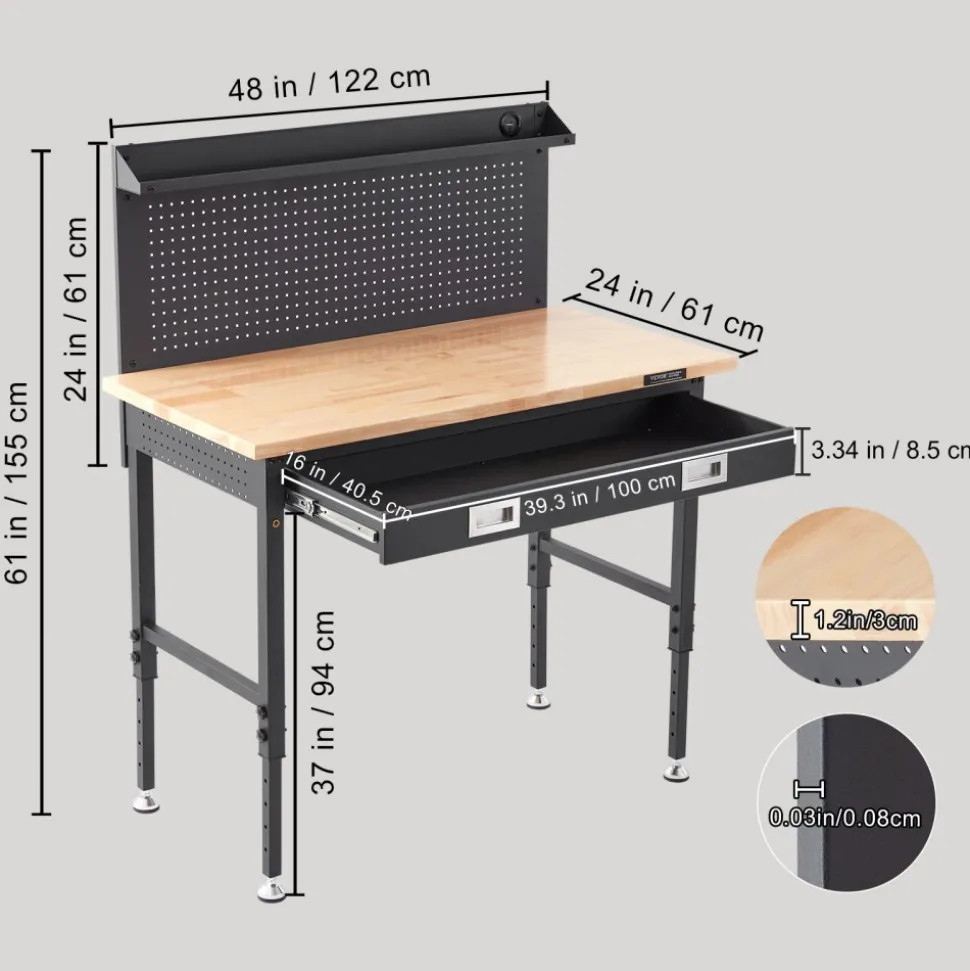 VEVOR Workbench Adjustable Height 28-39.5" Work Bench For Garage Oak Plank & Carbon Steel Heavy Duty Workbench 2000lbs Weight Capacity Bench top Size 48x24" Hardwood Workbench 3m Cable 30 Hooks
