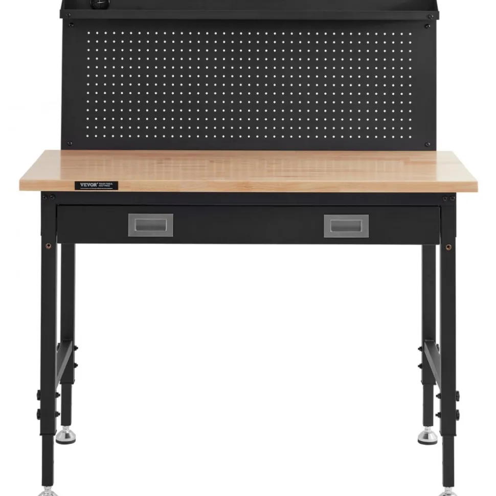 VEVOR Workbench Adjustable Height 28-39.5" Work Bench For Garage Oak Plank & Carbon Steel Heavy Duty Workbench 2000lbs Weight Capacity Bench top Size 48x24" Hardwood Workbench 3m Cable 30 Hooks
