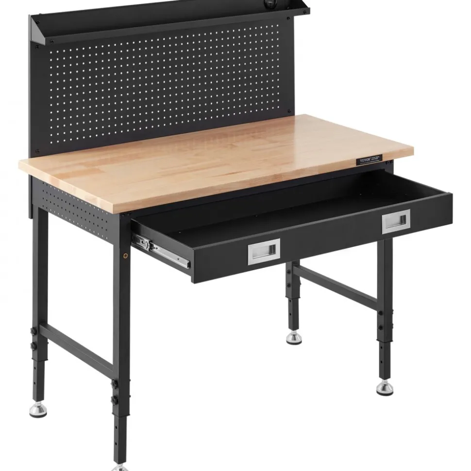 VEVOR Workbench Adjustable Height 28-39.5" Work Bench For Garage Oak Plank & Carbon Steel Heavy Duty Workbench 2000lbs Weight Capacity Bench top Size 48x24" Hardwood Workbench 3m Cable 30 Hooks