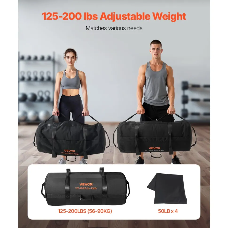 VEVOR Workout Sandbag, Heavy Duty Workout Power Bags with Handles, 125-200 lbs Adjustable Slam Bag for Fitness Strength Weight Training Cross-Training, Home Gym Exercise, Black (Unfilled)