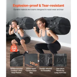 VEVOR Workout Sandbag, Heavy Duty Workout Power Bags with Handles, 125-200 lbs Adjustable Slam Bag for Fitness Strength Weight Training Cross-Training, Home Gym Exercise, Black (Unfilled)