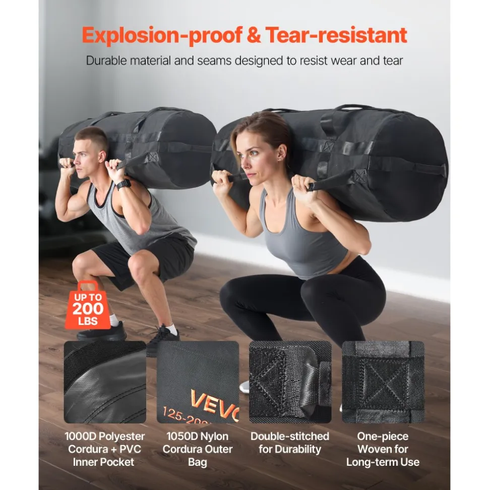 VEVOR Workout Sandbag, Heavy Duty Workout Power Bags with Handles, 125-200 lbs Adjustable Slam Bag for Fitness Strength Weight Training Cross-Training, Home Gym Exercise, Black (Unfilled)