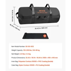 VEVOR Workout Sandbag, Heavy Duty Workout Power Bags with Handles, 125-200 lbs Adjustable Slam Bag for Fitness Strength Weight Training Cross-Training, Home Gym Exercise, Black (Unfilled)