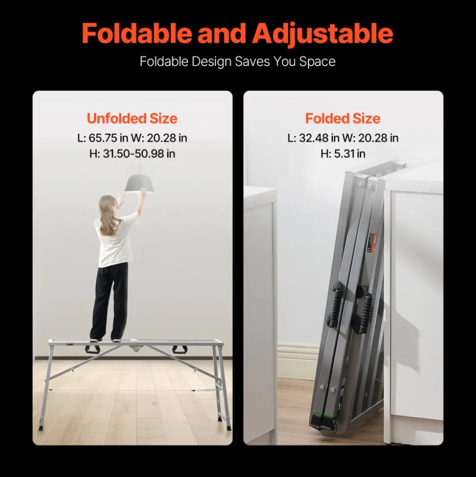 VEVOR Work Platform, 4 Gear Adjustable Height, Folding Alloy Steel Step Ladder, Portable Scaffolding Platform, 800 lb Load Capacity, Non-Slip Rubber Feet, Drywall Painting Stool, Cleaning & Washing
