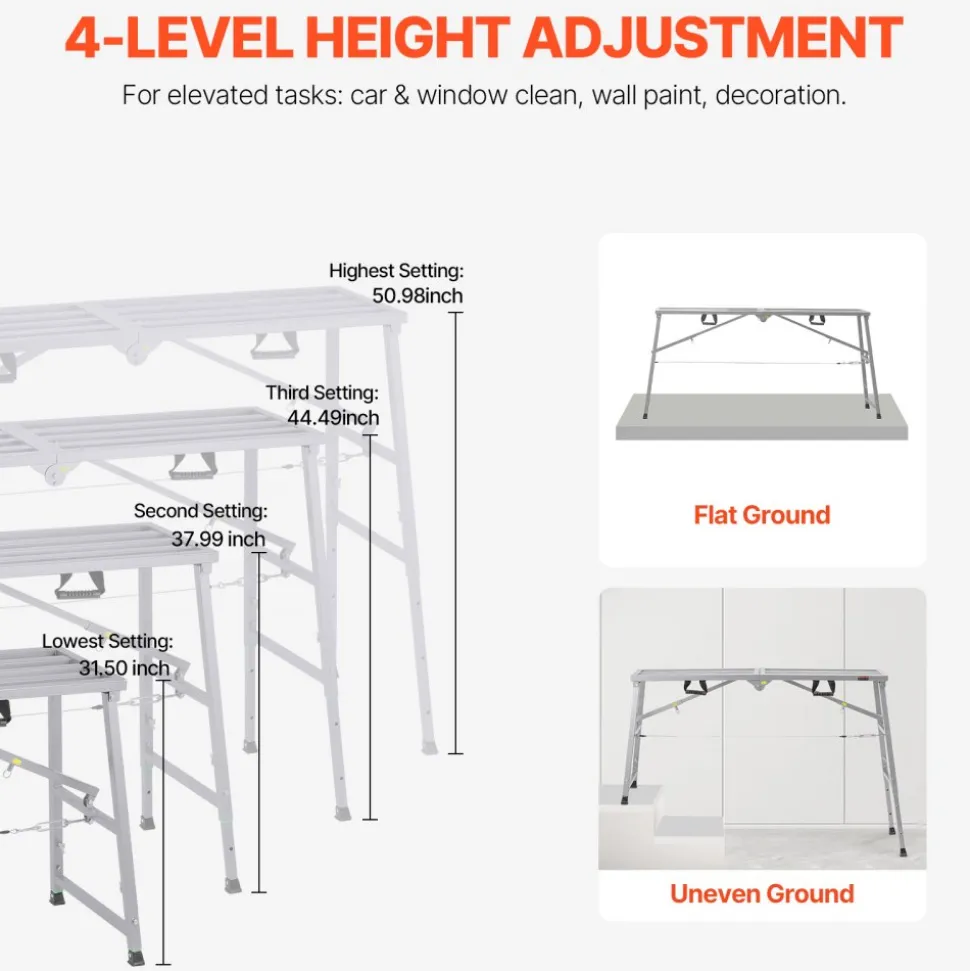 VEVOR Work Platform, 4 Gear Adjustable Height, Folding Alloy Steel Step Ladder, Portable Scaffolding Platform, 800 lb Load Capacity, Non-Slip Rubber Feet, Drywall Painting Stool, Cleaning & Washing