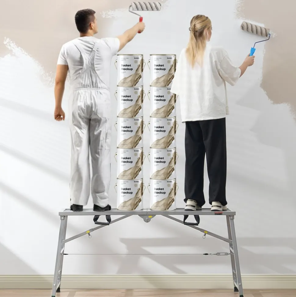 VEVOR Work Platform, 4 Gear Adjustable Height, Folding Alloy Steel Step Ladder, Portable Scaffolding Platform, 800 lb Load Capacity, Non-Slip Rubber Feet, Drywall Painting Stool, Cleaning & Washing