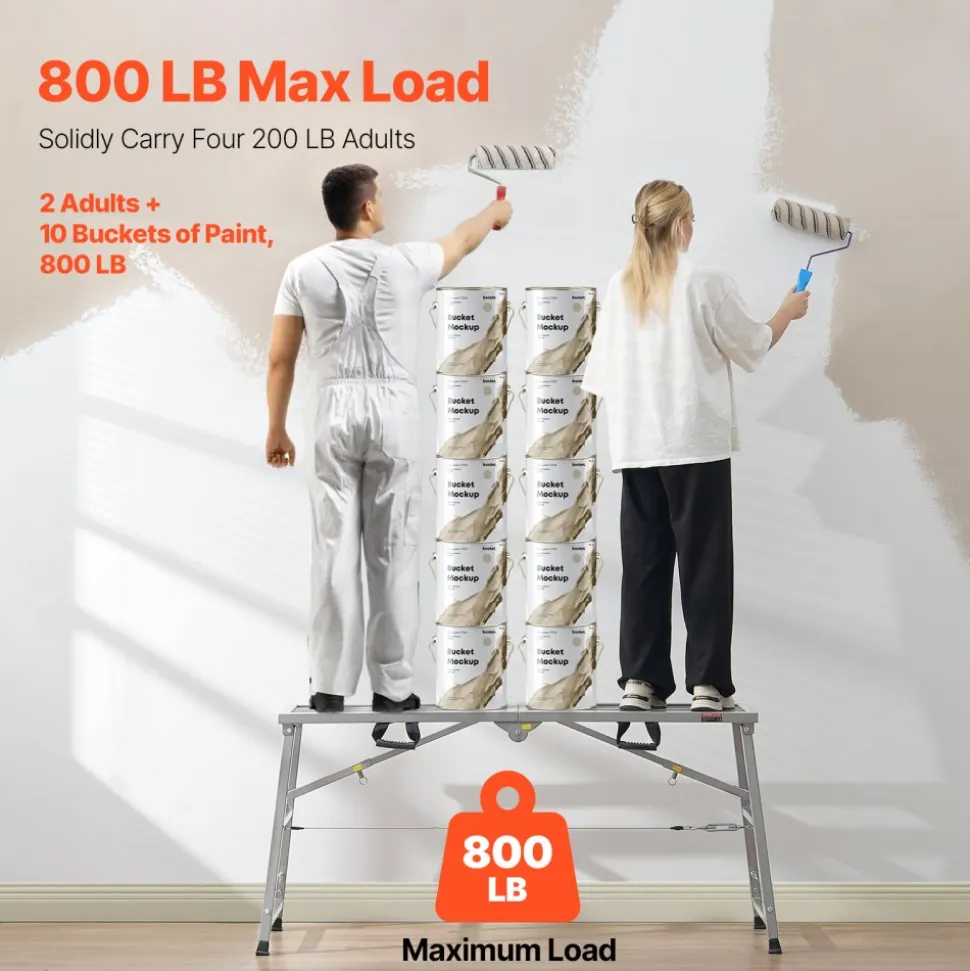 VEVOR Work Platform, 4 Gear Adjustable Height, Folding Alloy Steel Step Ladder, Portable Scaffolding Platform, 800 lb Load Capacity, Non-Slip Rubber Feet, Drywall Painting Stool, Cleaning & Washing