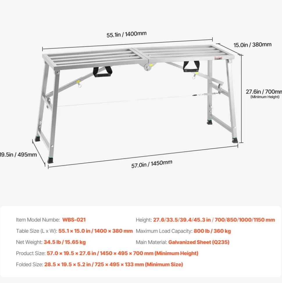 VEVOR Work Platform, 4 Gear Adjustable Height, Folding Alloy Steel Step Ladder, Portable Scaffolding Platform, 800 lb Load Capacity, Non-Slip Rubber Feet, Drywall Painting Stool, Cleaning & Washing