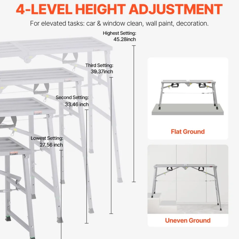 VEVOR Work Platform, 4 Gear Adjustable Height, Folding Alloy Steel Step Ladder, Portable Scaffolding Platform, 800 lb Load Capacity, Non-Slip Rubber Feet, Drywall Painting Stool, Cleaning & Washing