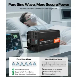 VEVOR 4000W Power Inverter, 12V DC to 120V AC Pure Sine Wave Inverter, Solar Car Charger Converter with LCD Display, Remote Control, 2 USB Ports, 4 AC Outlets, Type-C Port, for RV, Truck Outdoor