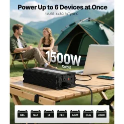 VEVOR 1500W Power Inverter, 12V DC to 120V AC Pure Sine Wave Inverter, Car Charger Converter with Remote Control, USB & Type-C Ports, 4 AC Outlets, Fast-charging for RV, Truck Outdoor Camping