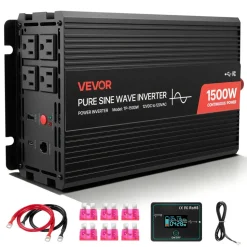 VEVOR 1500W Power Inverter, 12V DC to 120V AC Pure Sine Wave Inverter, Car Charger Converter with Remote Control, USB & Type-C Ports, 4 AC Outlets, Fast-charging for RV, Truck Outdoor Camping