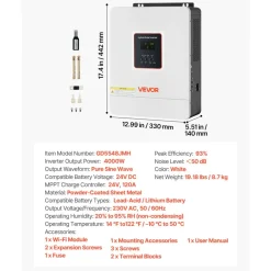 VEVOR 4000W Single-Phase Hybrid Solar Inverter, 24V DC to 230V AC, Pure Sine Wave Power Inverter with Built-in 120A MPPT Solar Controller, WiFi Module, for Lead Acid/Lithium Battery Off-Grid