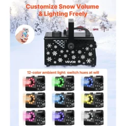VEVOR 900W Snow Machine with 9 LED RGB Lights, 12 LED Lighting Colors, and Wireless Remote, Handheld/Hanging Outdoor Snowflake Machine Fake Snow Machines with 1L Tank for Christmas Party
