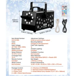 VEVOR 900W Snow Machine with 9 LED RGB Lights, 12 LED Lighting Colors, and Wireless Remote, Handheld/Hanging Outdoor Snowflake Machine Fake Snow Machines with 1L Tank for Christmas Party