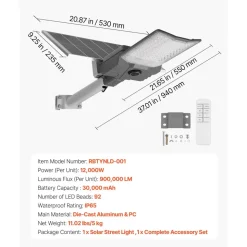 VEVOR 12000W Solar Street Light Outdoor, 900000LM, High Powered Commercial Parking Lot Light Dusk to Dawn, Split Type LED Flood Security Lamp with RF Remote Control, IP65 Waterproof, for Driveway Yard