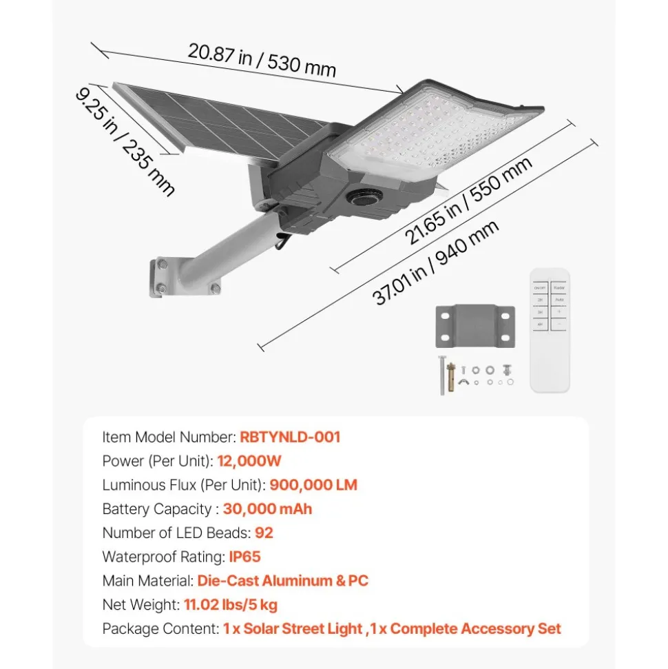 VEVOR 12000W Solar Street Light Outdoor, 900000LM, High Powered Commercial Parking Lot Light Dusk to Dawn, Split Type LED Flood Security Lamp with RF Remote Control, IP65 Waterproof, for Driveway Yard