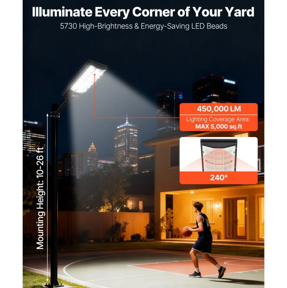 VEVOR 8000W Solar Street Light Outdoor, 450000LM, Commercial Parking Lot Light Dusk to Dawn, LED Flood Security Lamp with Motion Sensor, IP65 Waterproof Outdoor Lighting, for Driveway Yard, 1 Pack