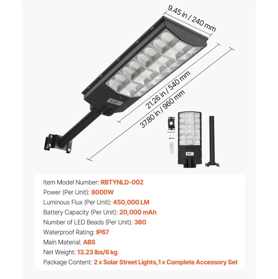 VEVOR 8000W Solar Street Lights Outdoor, 450000LM, Commercial Parking Lot Lights Dusk to Dawn, LED Flood Security Lamp with Motion Sensor, IP67 Waterproof Outdoor Lighting, for Driveway Yard, 2 Pack