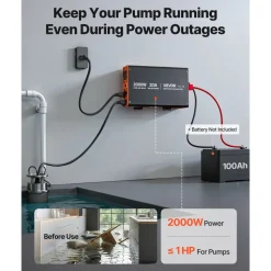 VEVOR 2000W Sump Pump Battery Backup System, LCD Display, Auto Switches to Battery Inverter Power for Sump Pump, Pure Sine Wave, for Basement Protection Emergency Power Outage, Batteries Not Included