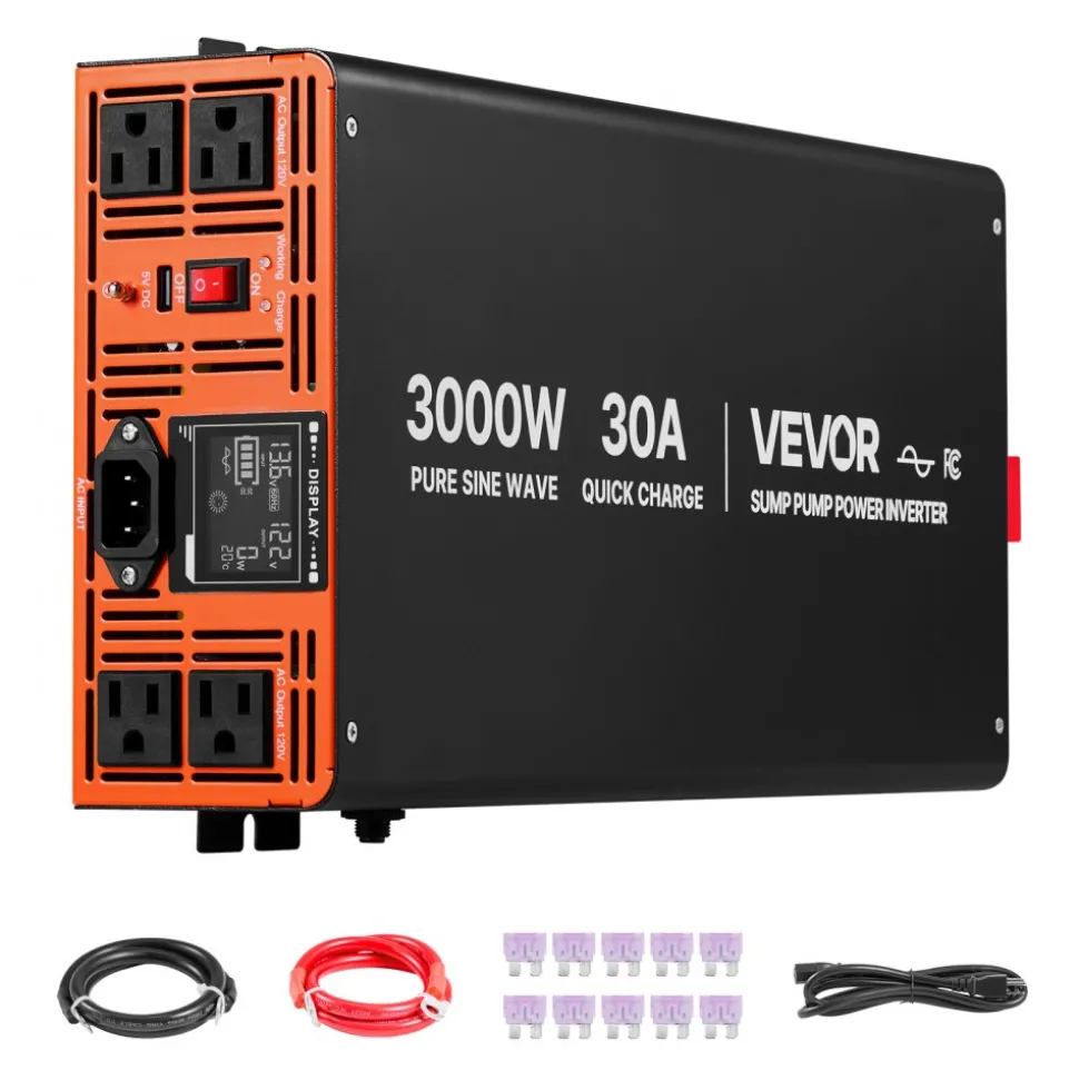 VEVOR 3000W Sump Pump Battery Backup System, LCD Display, Auto Switches to Battery Inverter Power for Sump Pump, Pure Sine Wave, for Basement Protection Emergency Power Outage, Batteries Not Included