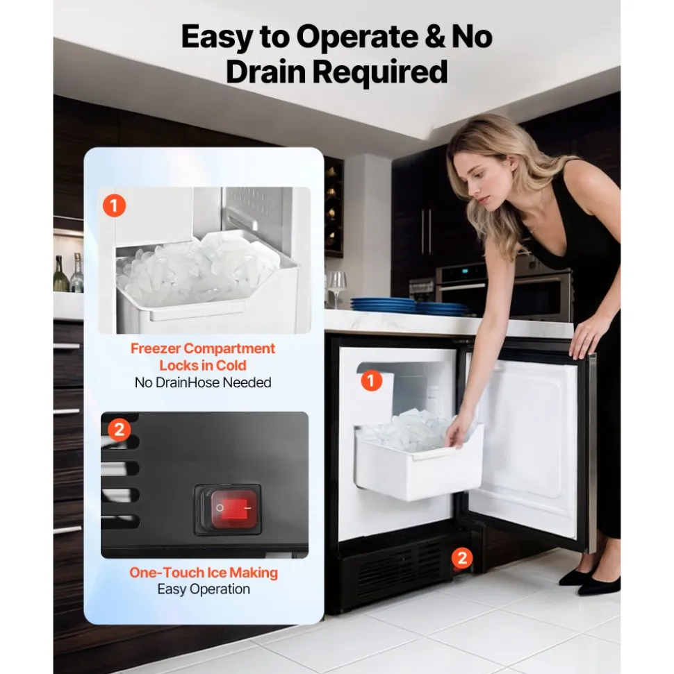VEVOR 15" W Under Counter Ice Maker, 15 LBS/Day Crescent Ice Maker Built-in with 11LBS Storage Bin & Reversible Door, Freestanding Ice-Making Machine for Commercial Home Kitchens - No Drain Required