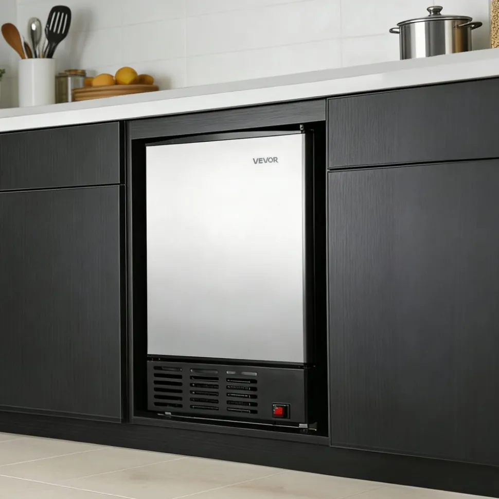 VEVOR 15" W Under Counter Ice Maker, 15 LBS/Day Crescent Ice Maker Built-in with 11LBS Storage Bin & Reversible Door, Freestanding Ice-Making Machine for Commercial Home Kitchens - No Drain Required