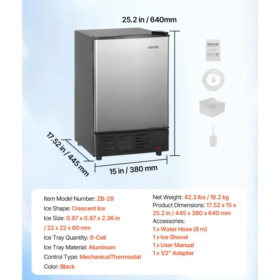 VEVOR 15" W Under Counter Ice Maker, 15 LBS/Day Crescent Ice Maker Built-in with 11LBS Storage Bin & Reversible Door, Freestanding Ice-Making Machine for Commercial Home Kitchens - No Drain Required