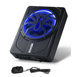 VEVOR 10" 440W Underseat Car Subwoofer, Slim Powered Car Subwoofers with Blue Ambient Light, Low Profile Audio Sub Under the Seat with Built-in Amplifier, Remote Controller for SUVs, Car, Truck, RV