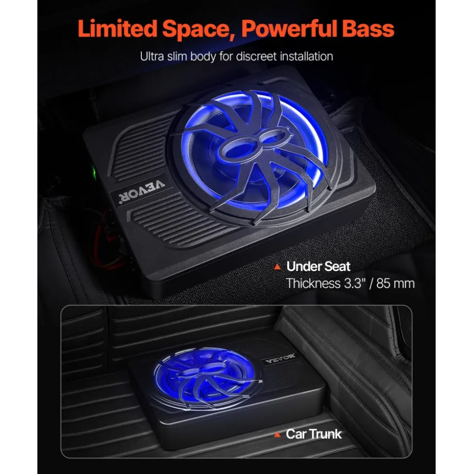 VEVOR 8" 240W Underseat Car Subwoofer, 120W RMS Rated Power Slim Powered Car Subwoofers Under the Seat, Low Profile Audio Sub Built-in Amplifier, High/Low Level Input & Volume Controller for SUVs, Car, Truck, RV